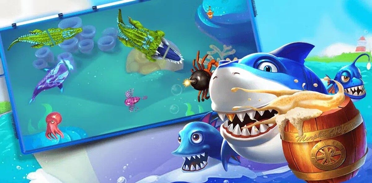 ฉากเกมยิงปลาใต้น้ำที่มีปืนใหญ่และฝูงปลาเคลื่อนที่
